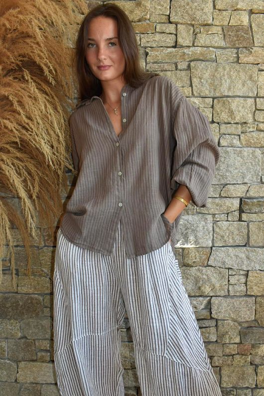 Sundaze Cheesecloth Chalk Stripe Boyfriend Shirt Mocha & Earth